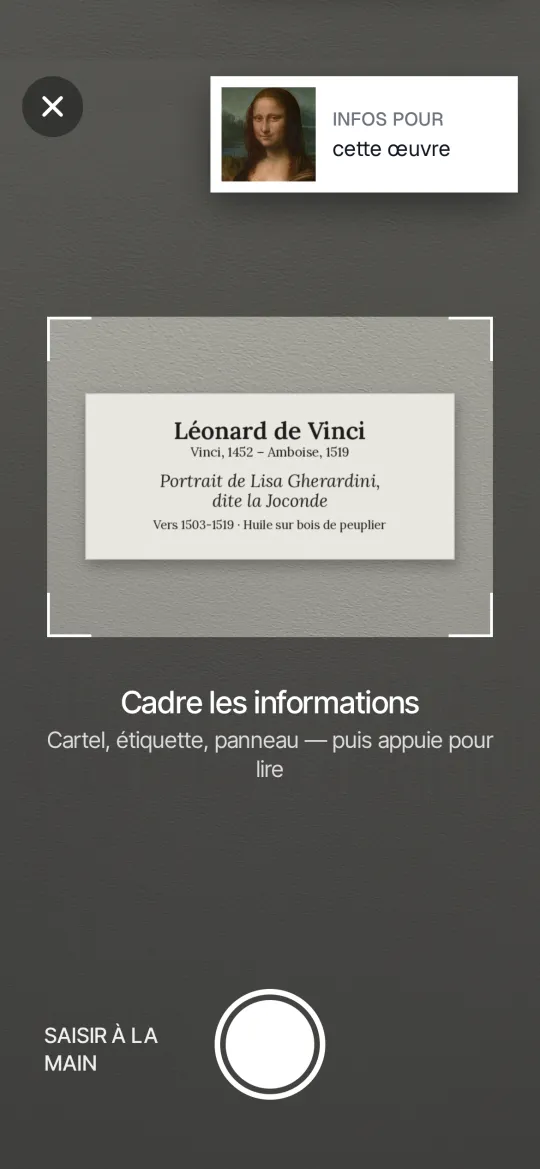 Écran de lecture d'un cartel : Léonard de Vinci, Portrait de Lisa Gherardini, dite la Joconde, cadré dans le viseur.