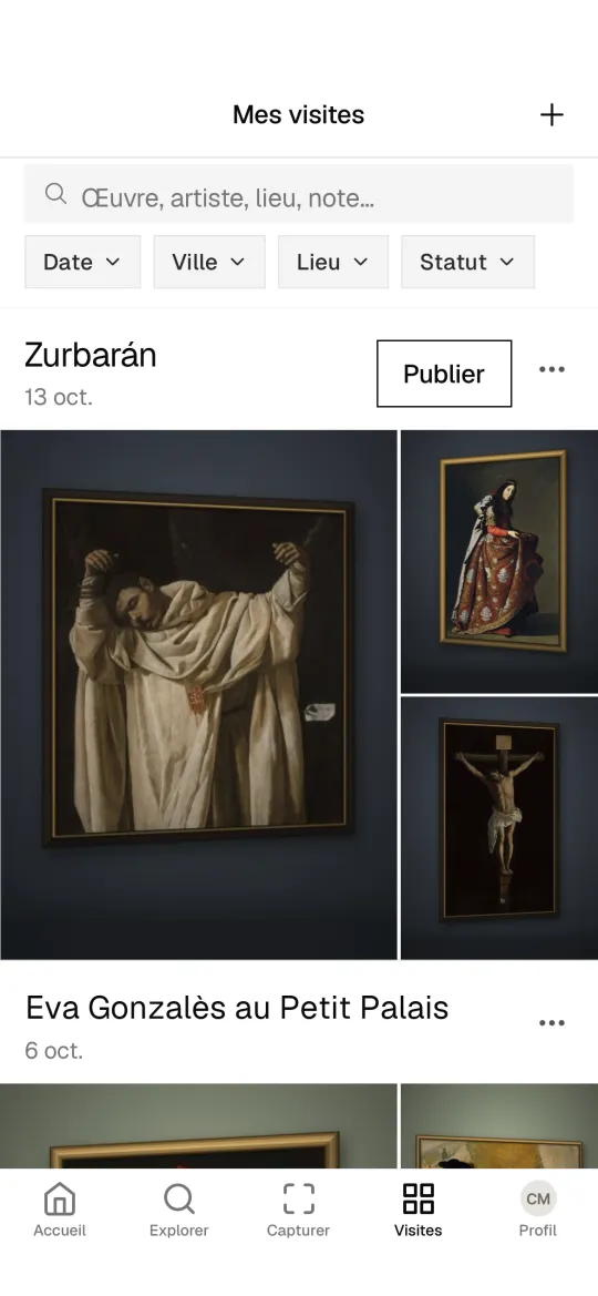 Écran Mes visites de Lisa Mona : les visites Zurbarán et Eva Gonzalès, chacune avec ses œuvres rangées, filtrables par date, ville et lieu.